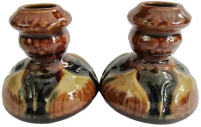 1940s McCoy Majolica Candlesticks Pair - The Emporium Ltd. - Brown