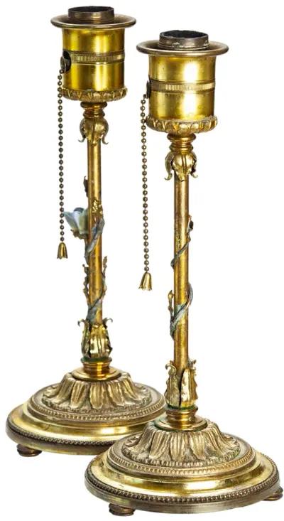 German Brass Candlestick Table Lamps - pr - Fleur de Lex Antiques