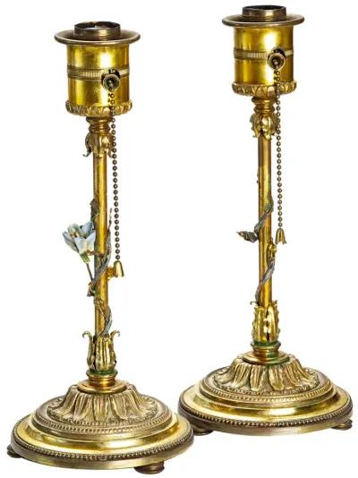 German Brass Candlestick Table Lamps - pr - Fleur de Lex Antiques