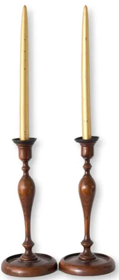 English Georgian Turned Candlesticks - Pr - New England Mercantile - Brown