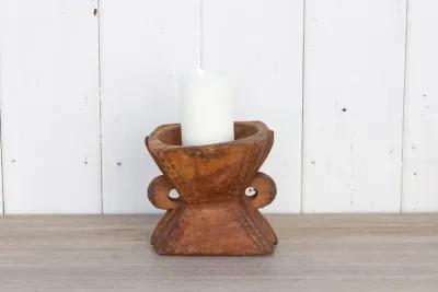 Carved Bijani Wooden Candleholder-Ratan - de-cor - Brown