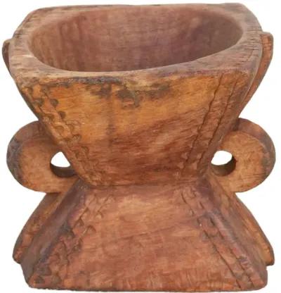 Carved Bijani Wooden Candleholder-Ratan - de-cor - Brown