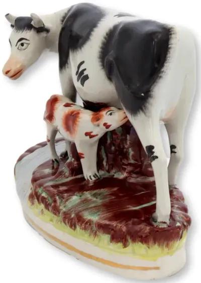 Antique Staffordshire Cow & Calf - Rose Victoria - White