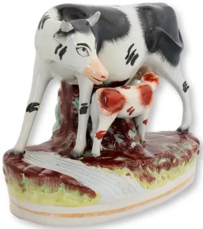 Antique Staffordshire Cow & Calf - Rose Victoria - White