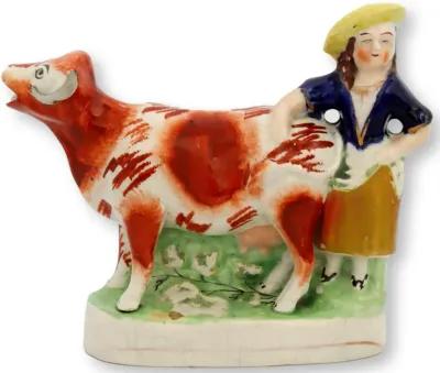 Antique Staffordshire Cow Cream Pitcher - Rose Victoria - Red