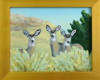 Wildlife Nature Three Deer Oil Painting - Green