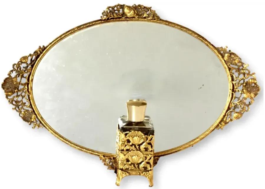 Midcentury Vanity Tray with Perfume Bottle - The Queens Landing - Gold