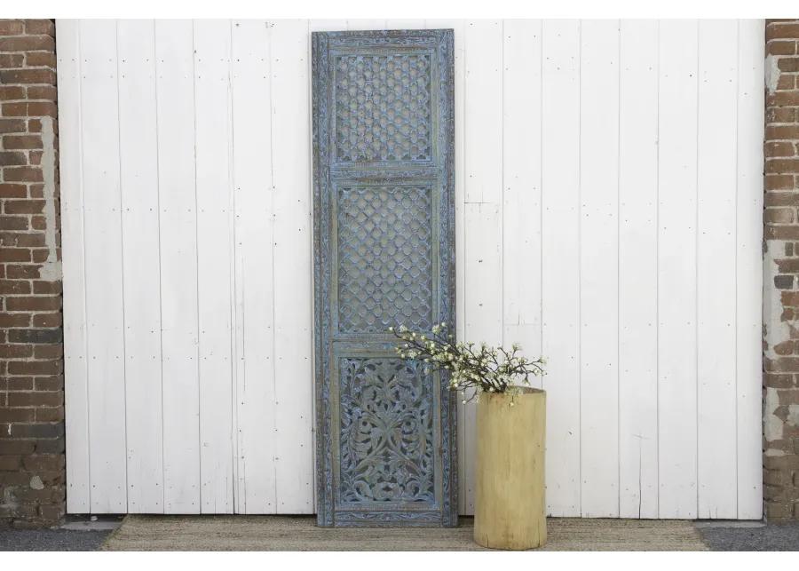 Finely Carved Blue Mughal Wood Jali Door - de-cor