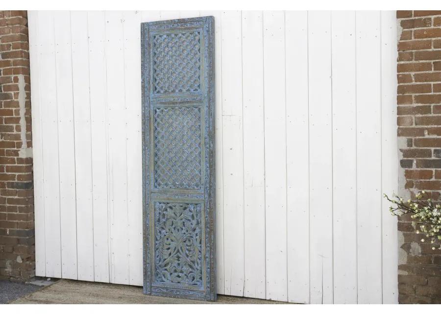 Finely Carved Blue Mughal Wood Jali Door - de-cor