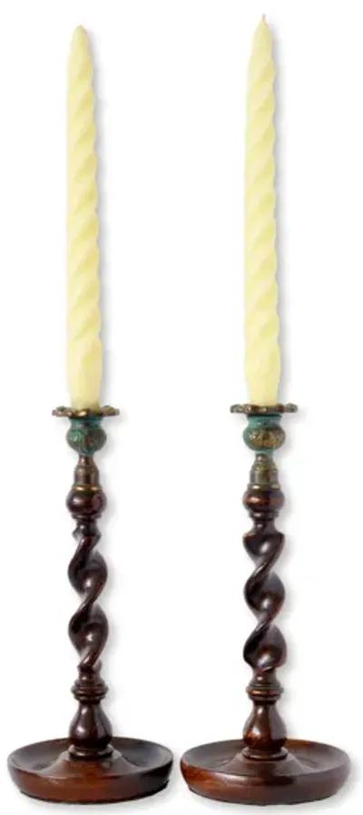 English Barley-Twist Candlesticks - Rose Victoria - Brown