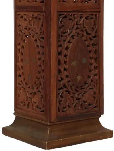 Indian Brass Inlaid Carved Wooden Lamp