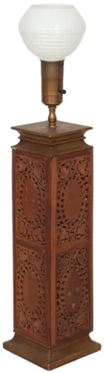 Indian Brass Inlaid Carved Wooden Lamp