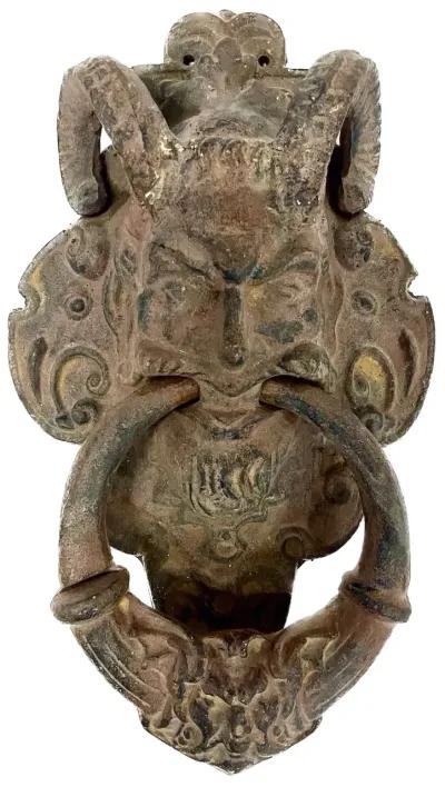 Iron Satyr Face W/Ram Horns Door Knocker - Brown