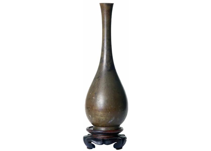 Japanese Bronze Bud Vase/ Rosewood Stand - Brown