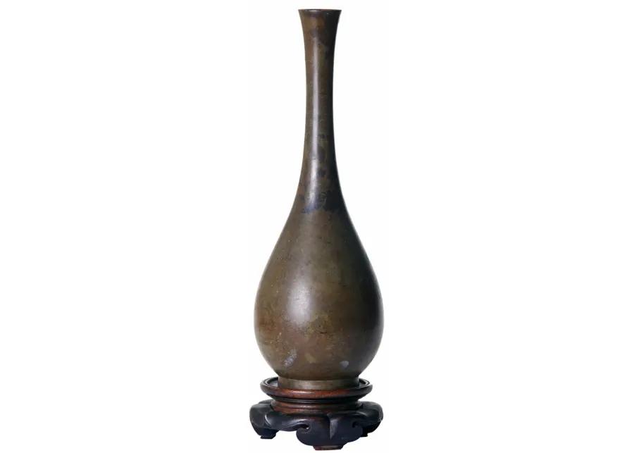 Japanese Bronze Bud Vase/ Rosewood Stand - Brown