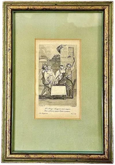 Framed French Tax Collector Engraving - Green