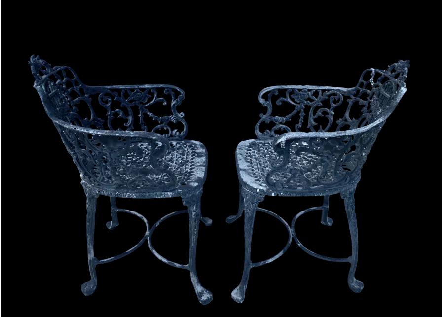 Antique Iron Lyre Back Garden Armchairs - Black