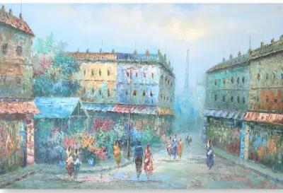 Large Vintage Paris Street Scene - Blue