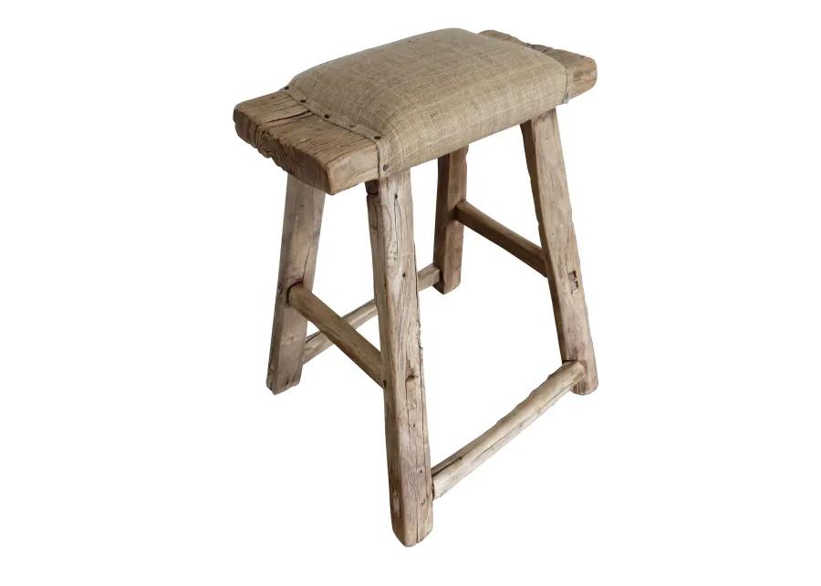 Vintage Shandong Elmwood Stool with Hemp - Brown