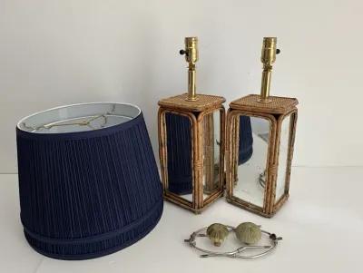 Mirrored Bamboo Lamps w/Shades - Set of 2 - Blue