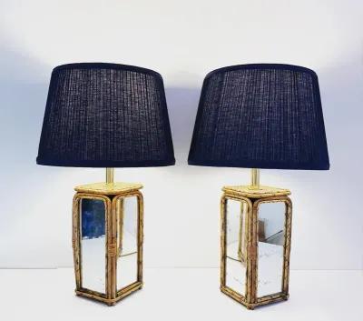 Mirrored Bamboo Lamps w/Shades - Set of 2 - Blue