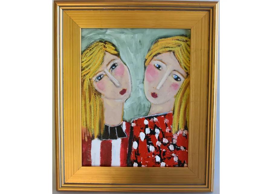 French Twin Sisters Blonde Hair Portrait - Yellow