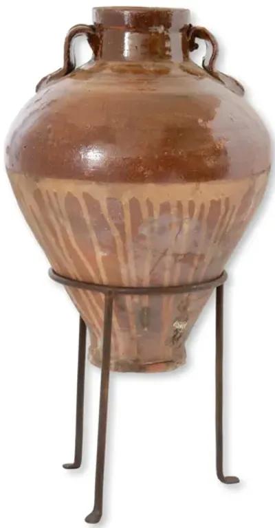 Antique French Confit Pot w/Custom Stand - Handcrafted - Brown