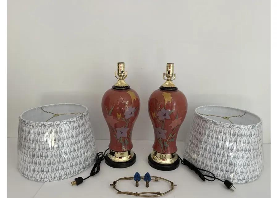 1970s Floral Vase Lamps & Shades - Set of 2 - Red