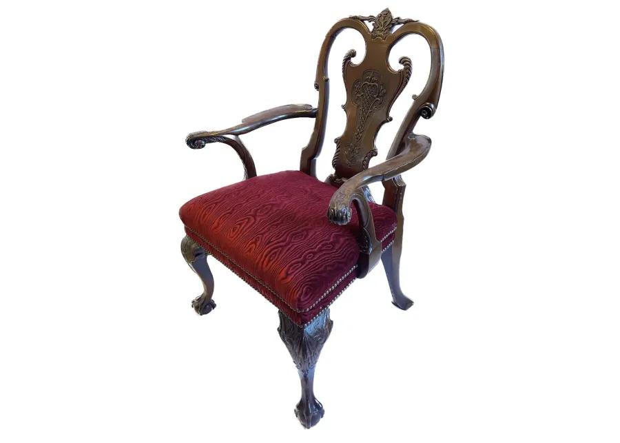 Queen Anne Caved Leaf & Velvet Armchair - Brown