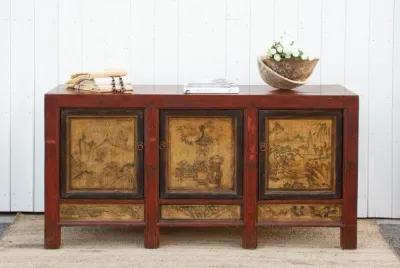 Long Painted Mongolian Sideboard Cabinet - Red