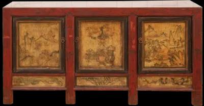 Long Painted Mongolian Sideboard Cabinet - Red