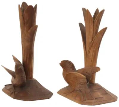 French Carved Wood Bird Vases - Brown