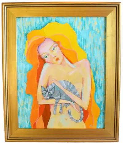 Red Headed Nude Woman Holding Gray Cat - Blue