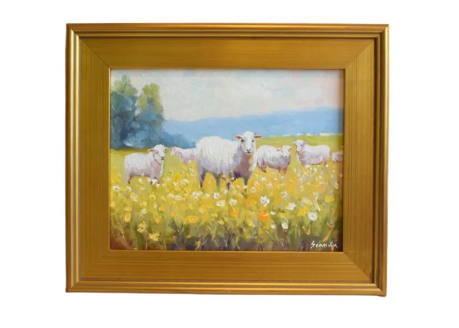 Impressionist Farmhouse Sheep Painting - Yellow