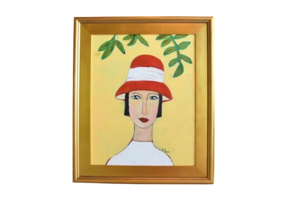 French Mademoiselle with Red Hat Portrait - Yellow