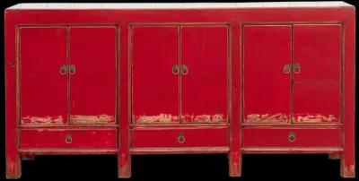 Long Red Lacquered Asian Sideboard