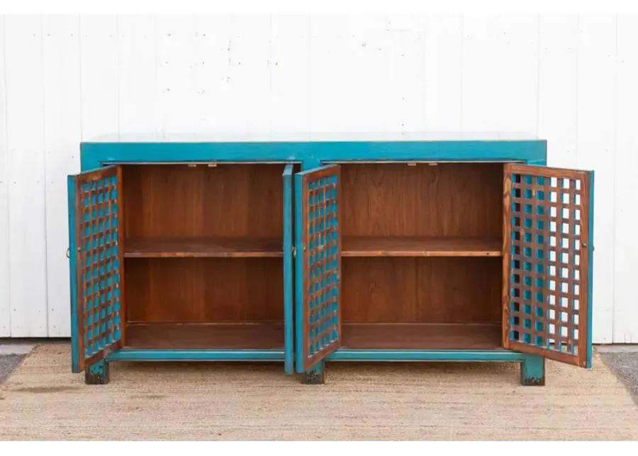 Long Painted Blue Lattice Sideboard