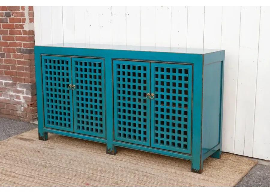 Long Painted Blue Lattice Sideboard