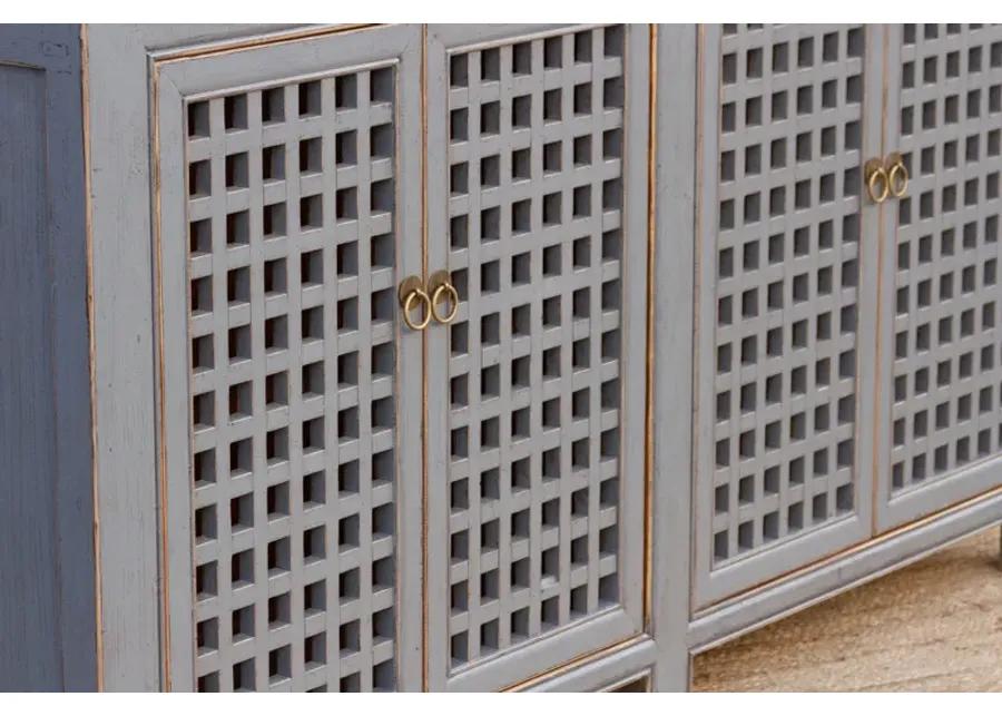 Long Painted Gray Lattice Credenza