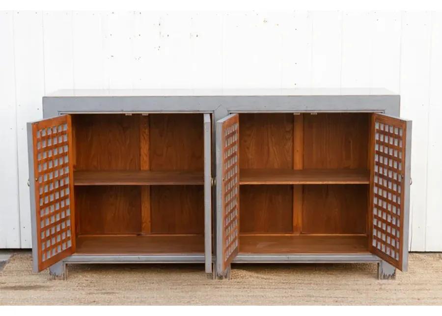 Long Painted Gray Lattice Credenza