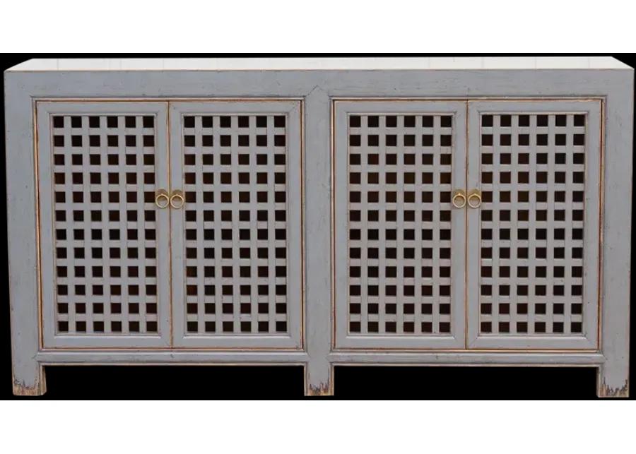 Long Painted Gray Lattice Credenza