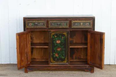 Antique Floral Black Mongolian Cabinet