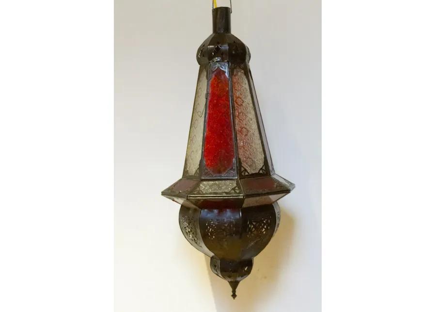 Red & White Moroccan Glass Lantern - Handcrafted