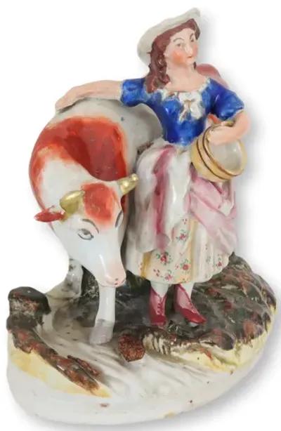 Antique English Staffordshire Girl w/Cow