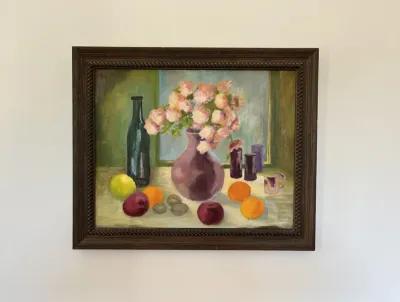 Midcentury Floral Still Life Oil - Green