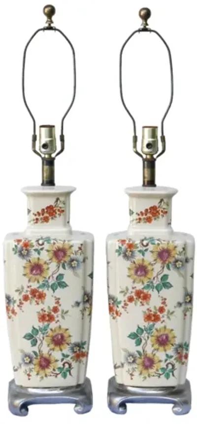 Ming Floral Ceramic Table Lamps - a Pair