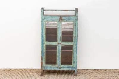 Antique Colonial Blue Glass Cabinet - Brown