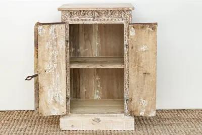 Primitive Teak & Metal Carved Cabinet - Brown