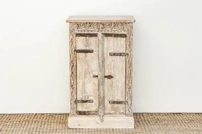 Primitive Teak & Metal Carved Cabinet - Brown