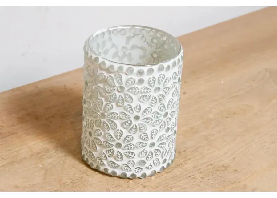 Floral White Mosaic Glass Tea Light Cand